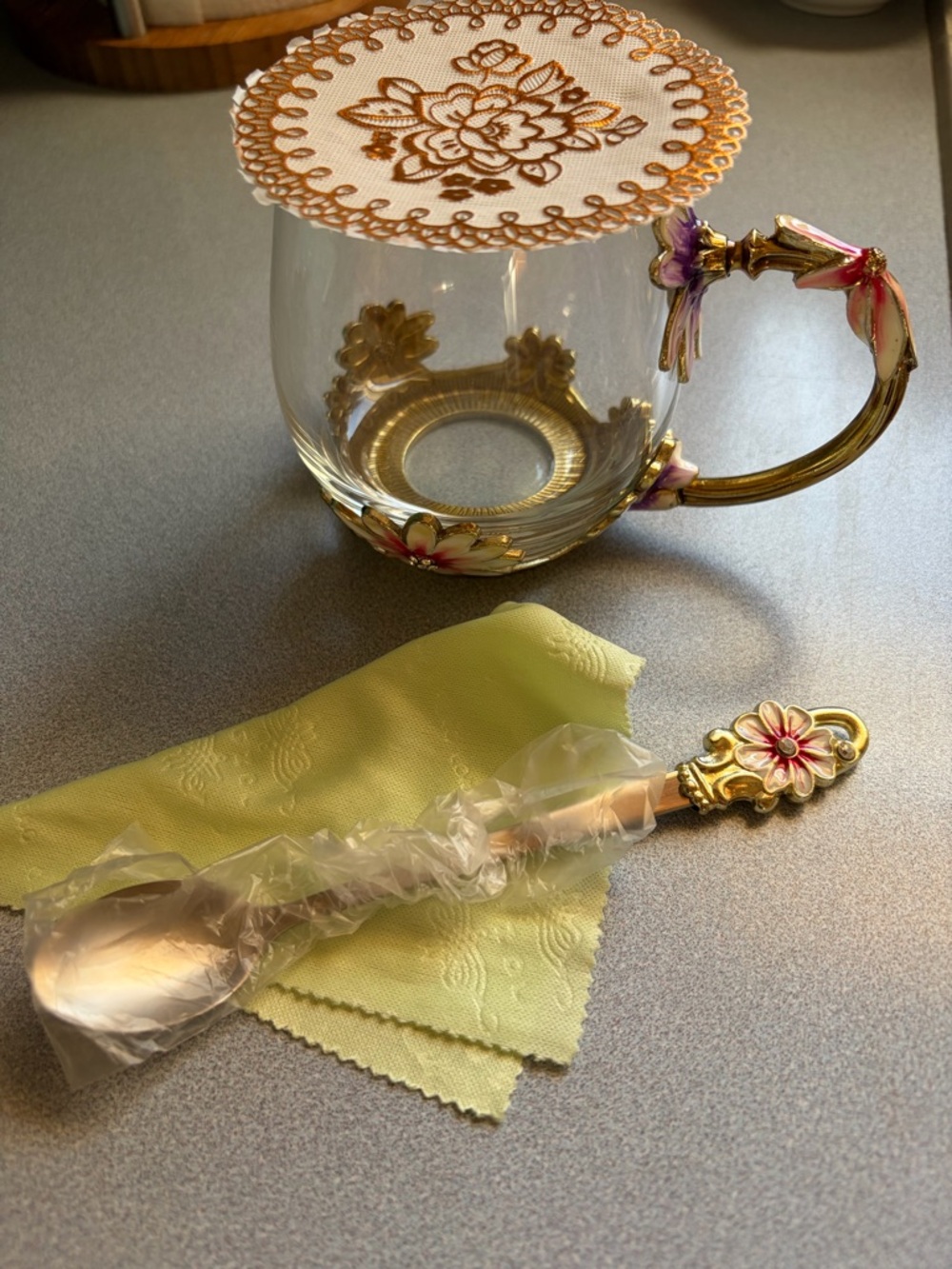 Elegant Gold Floral Glass Tea Cup - Pink & Purple Accents